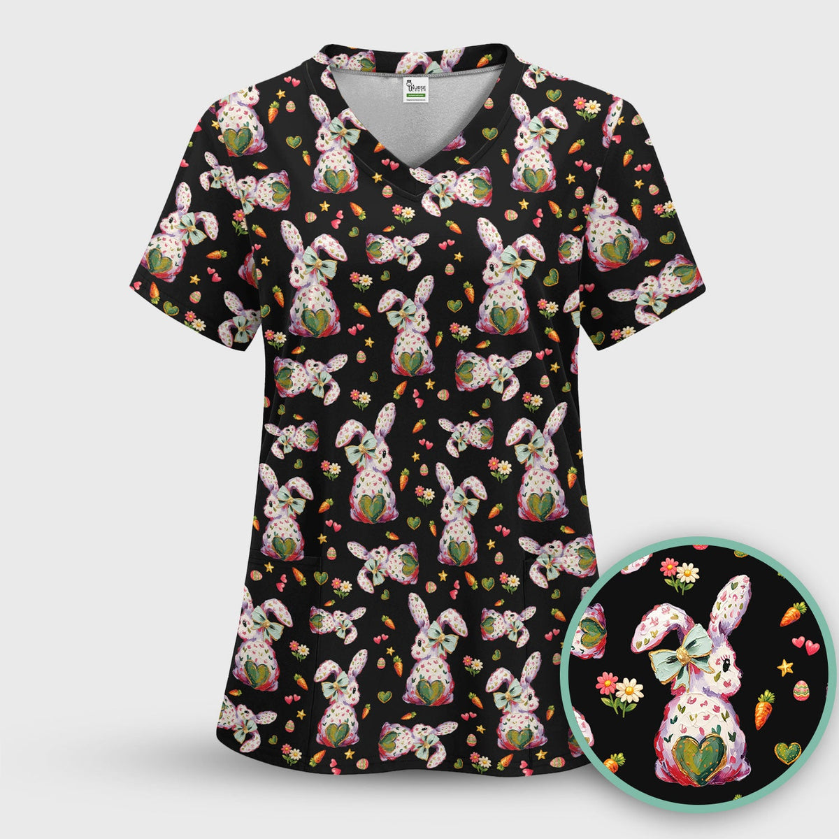 Cute Pastel Bunny Easter Pattern Scrub Top, Comfortable Scrubs for Nurses