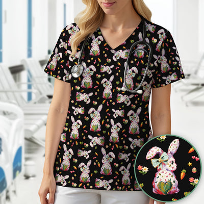 Cute Pastel Bunny Easter Pattern Scrub Top, Comfortable Scrubs for Nurses