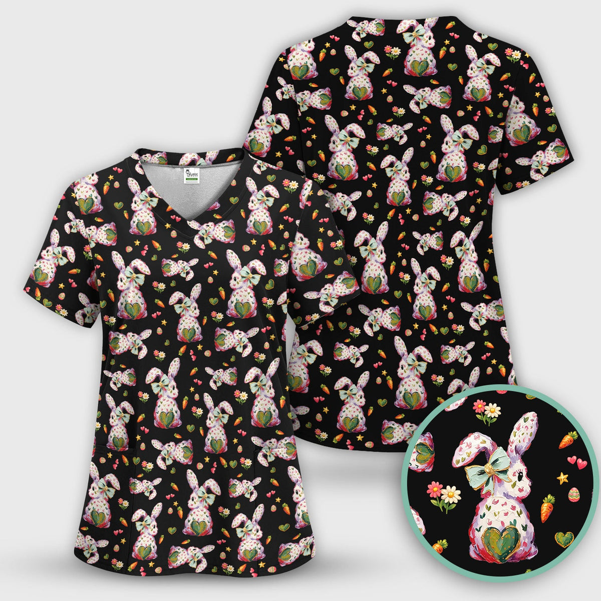 Cute Pastel Bunny Easter Pattern Scrub Top, Comfortable Scrubs for Nurses