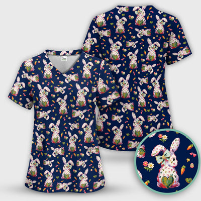 Cute Pastel Bunny Easter Pattern Scrub Top, Comfortable Scrubs for Nurses