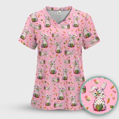 Cute Pastel Bunny Easter Pattern Scrub Top, Comfortable Scrubs for Nurses