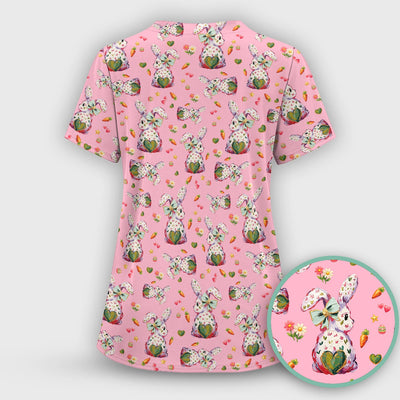 Cute Pastel Bunny Easter Pattern Scrub Top, Comfortable Scrubs for Nurses