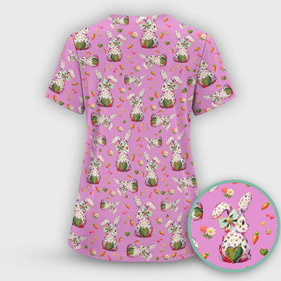 Cute Pastel Bunny Easter Pattern Scrub Top, Comfortable Scrubs for Nurses