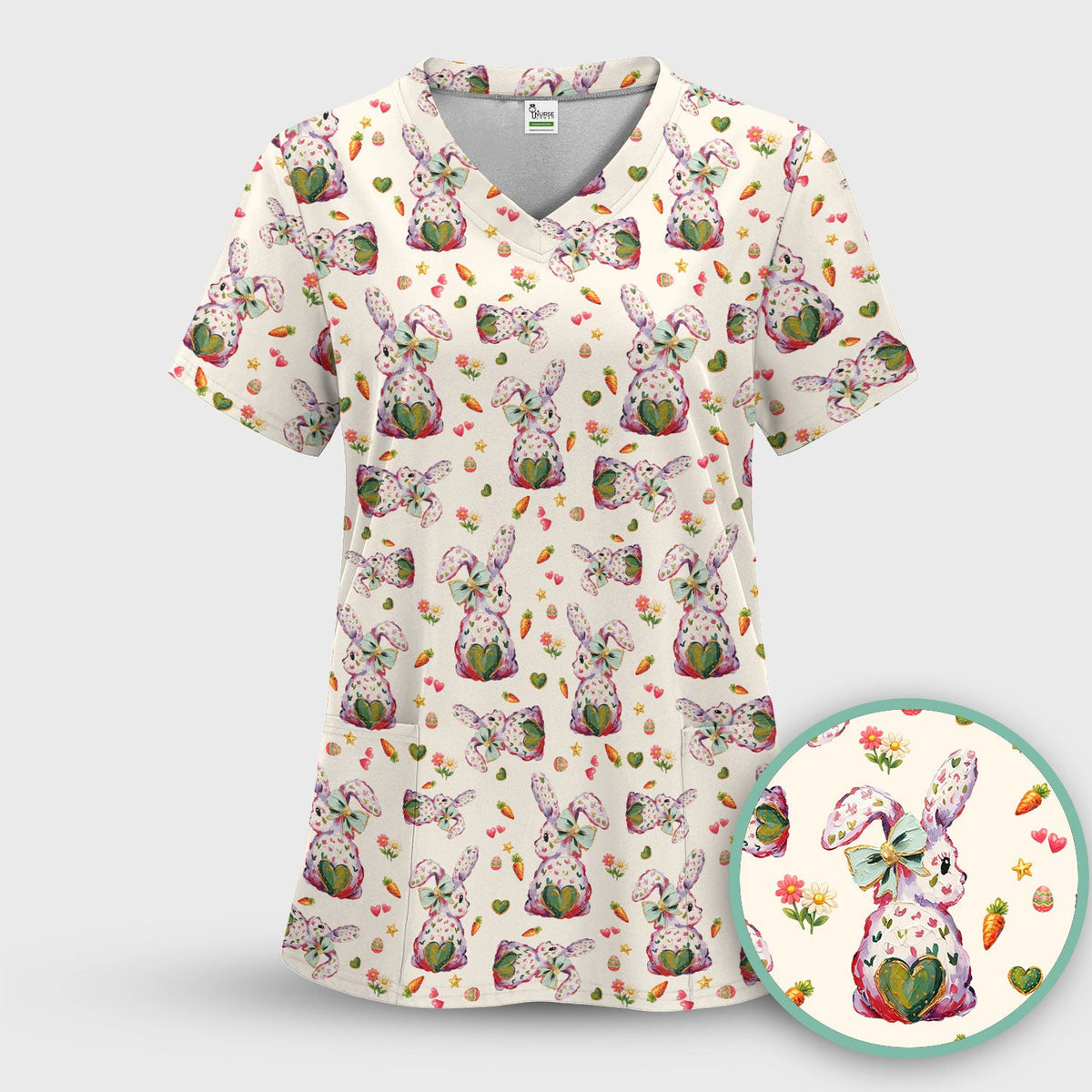 Cute Pastel Bunny Easter Pattern Scrub Top, Comfortable Scrubs for Nurses