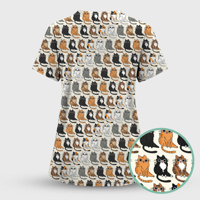 Cute Cartoon Cat Pattern Scrub Top, Comfortable Scrubs for Nurses