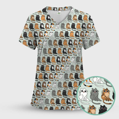Cute Cartoon Cat Pattern Scrub Top, Comfortable Scrubs for Nurses