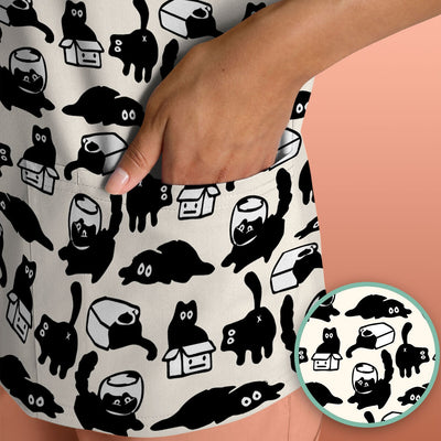 Dark Playful Cat Cartoon Pattern Scrub Top, Comfortable Scrubs for Nurses