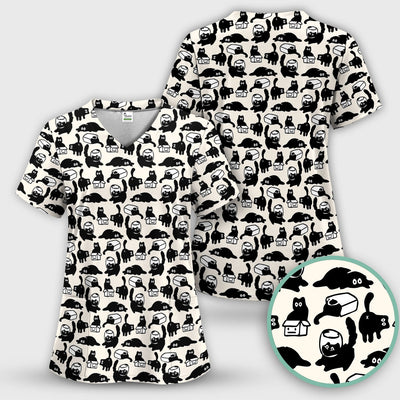 Dark Playful Cat Cartoon Pattern Scrub Top, Comfortable Scrubs for Nurses