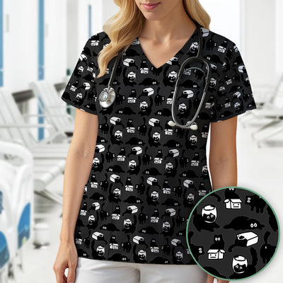 Dark Playful Cat Cartoon Pattern Scrub Top, Comfortable Scrubs for Nurses