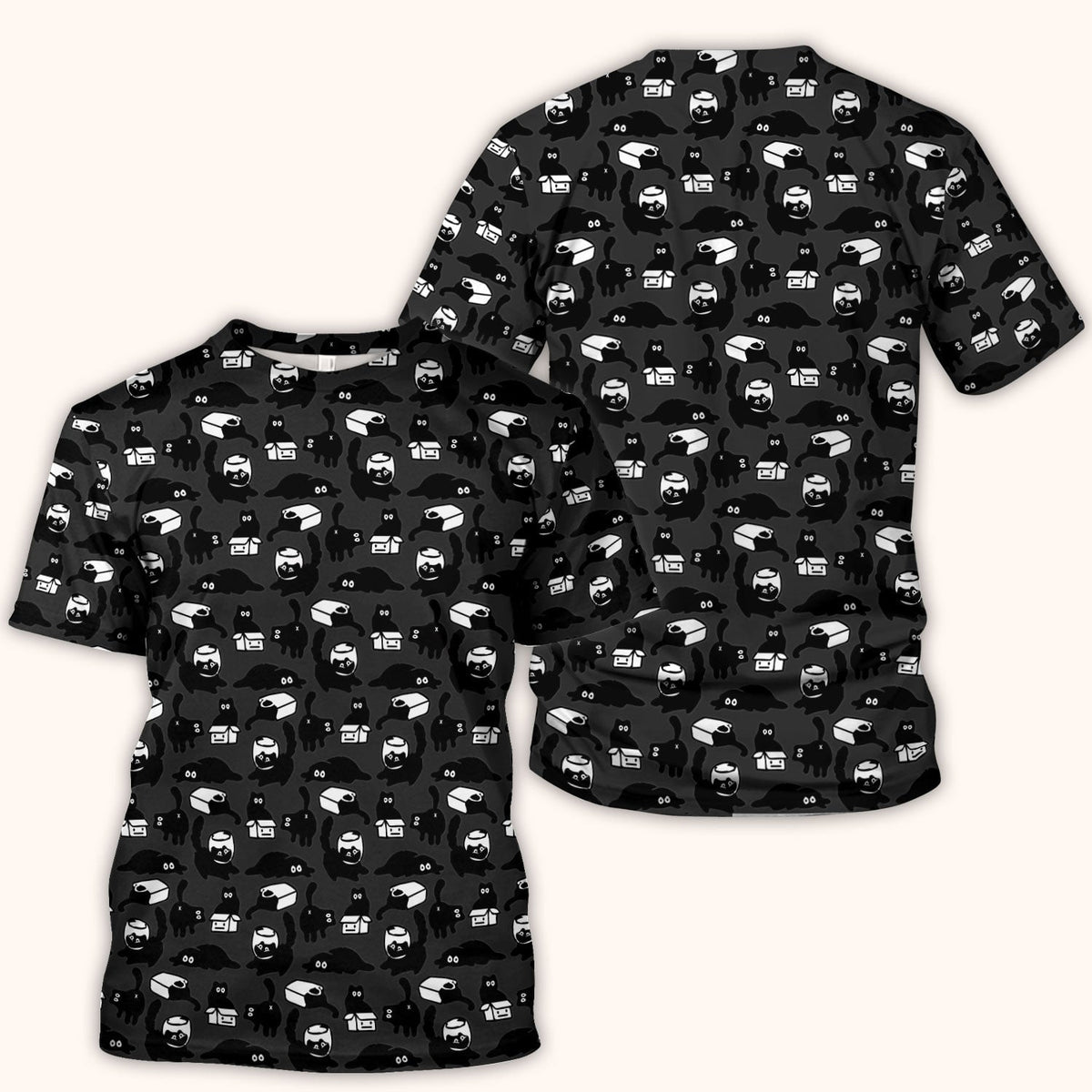 Dark Playful Cat Cartoon Pattern Scrub Top, Comfortable Scrubs for Nurses