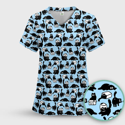 Dark Playful Cat Cartoon Pattern Scrub Top, Comfortable Scrubs for Nurses