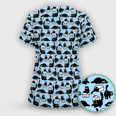 Dark Playful Cat Cartoon Pattern Scrub Top, Comfortable Scrubs for Nurses