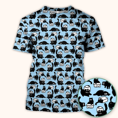 Dark Playful Cat Cartoon Pattern Scrub Top, Comfortable Scrubs for Nurses