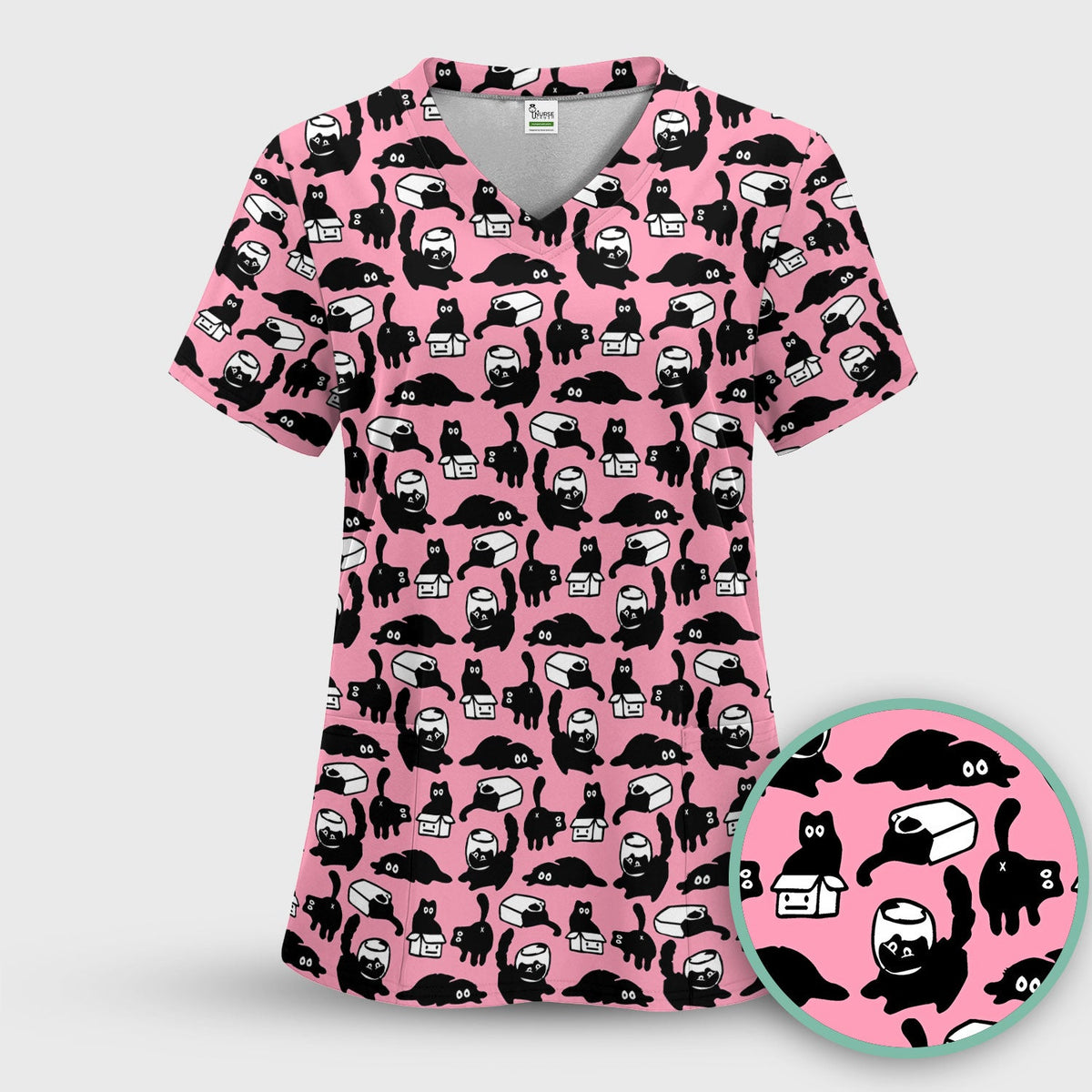 Dark Playful Cat Cartoon Pattern Scrub Top, Comfortable Scrubs for Nurses