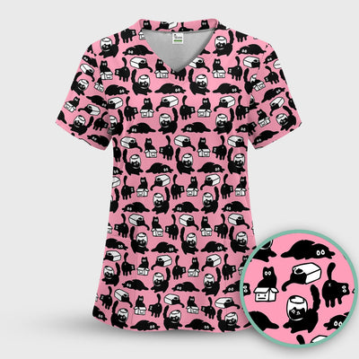 Dark Playful Cat Cartoon Pattern Scrub Top, Comfortable Scrubs for Nurses