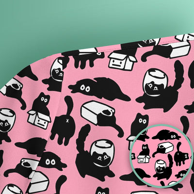 Dark Playful Cat Cartoon Pattern Scrub Top, Comfortable Scrubs for Nurses