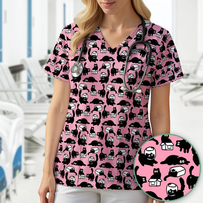 Dark Playful Cat Cartoon Pattern Scrub Top, Comfortable Scrubs for Nurses