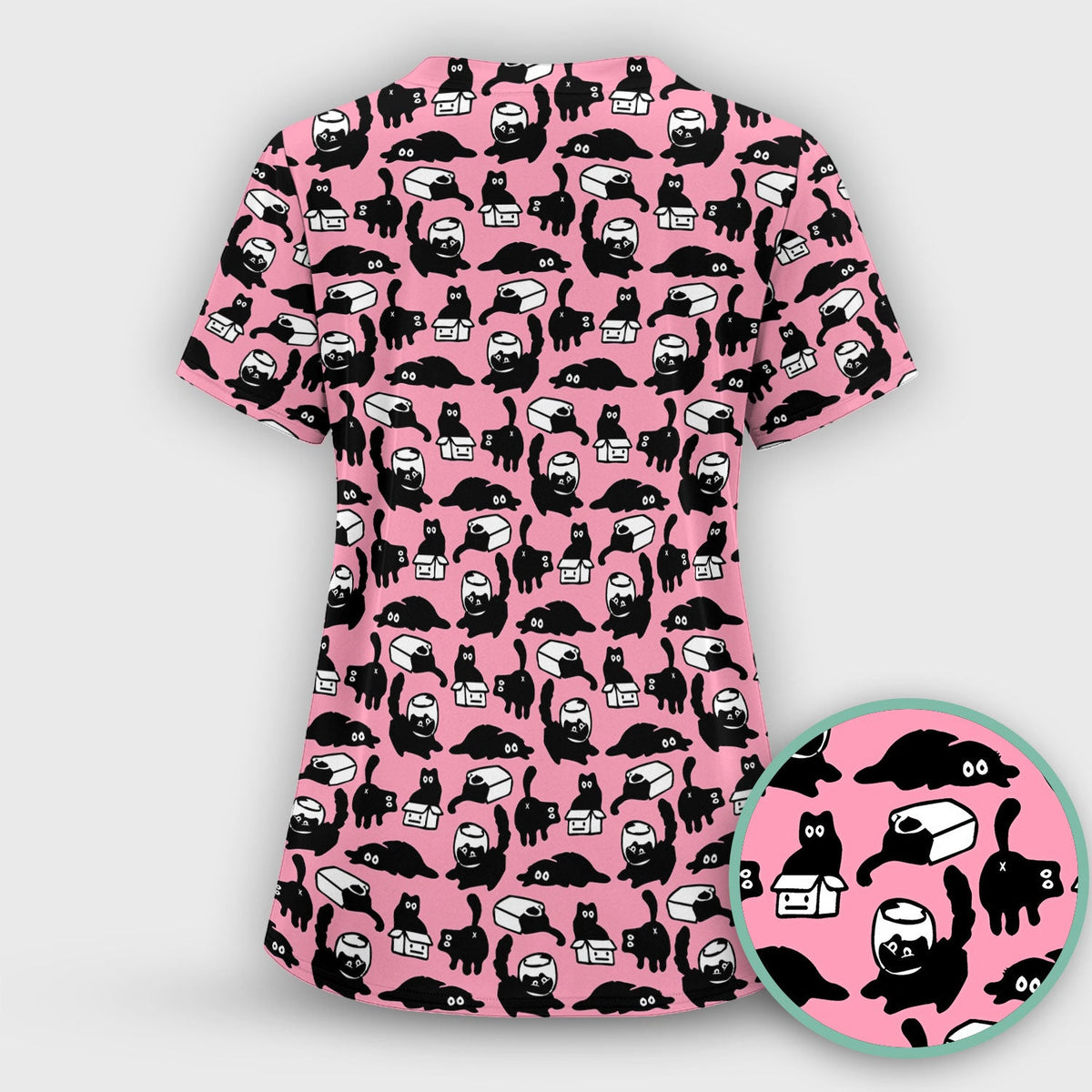 Dark Playful Cat Cartoon Pattern Scrub Top, Comfortable Scrubs for Nurses