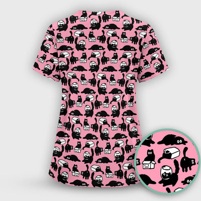 Dark Playful Cat Cartoon Pattern Scrub Top, Comfortable Scrubs for Nurses