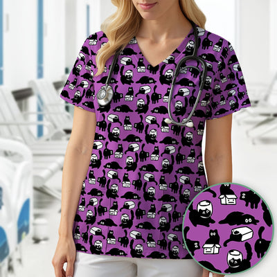 Dark Playful Cat Cartoon Pattern Scrub Top, Comfortable Scrubs for Nurses