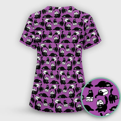 Dark Playful Cat Cartoon Pattern Scrub Top, Comfortable Scrubs for Nurses