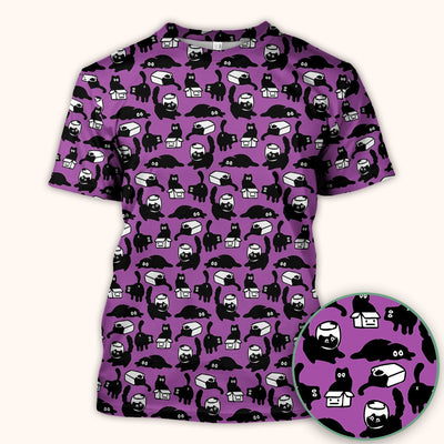 Dark Playful Cat Cartoon Pattern Scrub Top, Comfortable Scrubs for Nurses