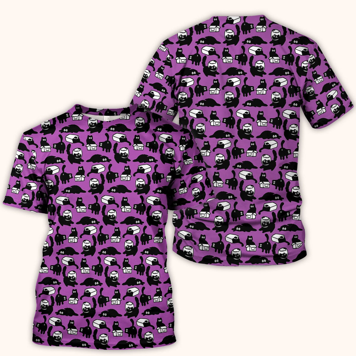 Dark Playful Cat Cartoon Pattern Scrub Top, Comfortable Scrubs for Nurses