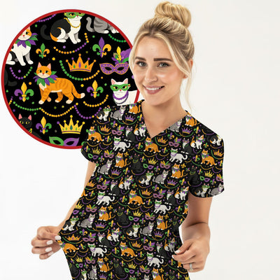 Cat Mardi Gras Nurse Scrub Top, Comfortable Uniform Scrubs For Nursing