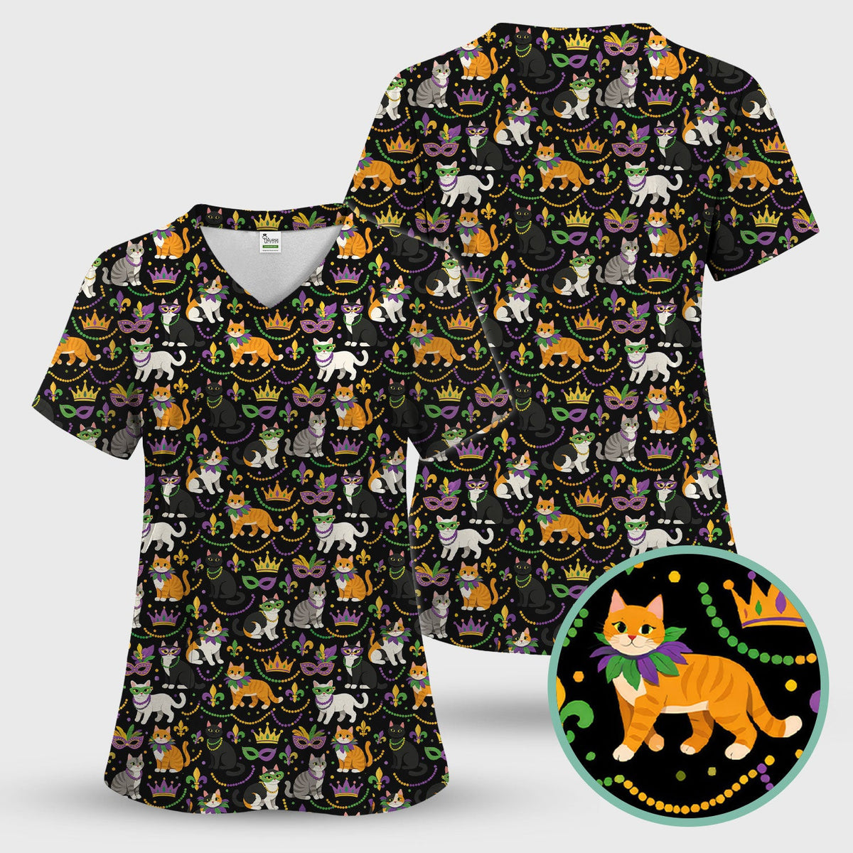 Cat Mardi Gras Nurse Scrub Top, Comfortable Uniform Scrubs For Nursing