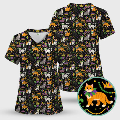 Cat Mardi Gras Nurse Scrub Top, Comfortable Uniform Scrubs For Nursing
