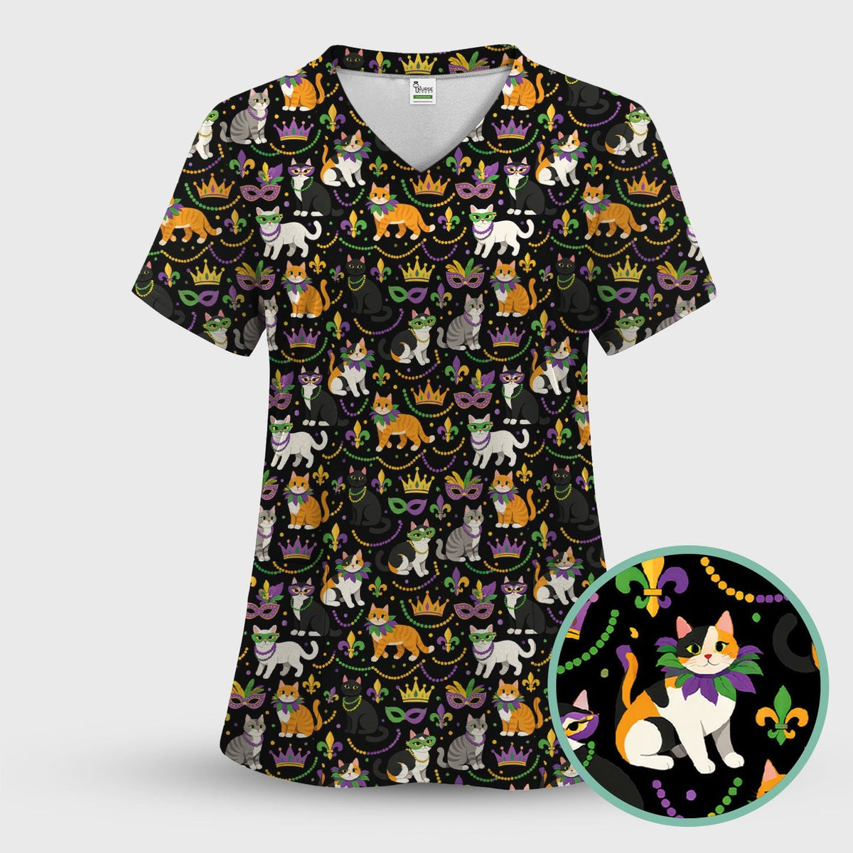 Cat Mardi Gras Nurse Scrub Top, Comfortable Uniform Scrubs For Nursing