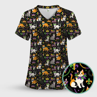 Cat Mardi Gras Nurse Scrub Top, Comfortable Uniform Scrubs For Nursing