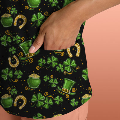St. Patrick Shamrock Pattern Scrub Top, Comfortable Scrubs for Nurses