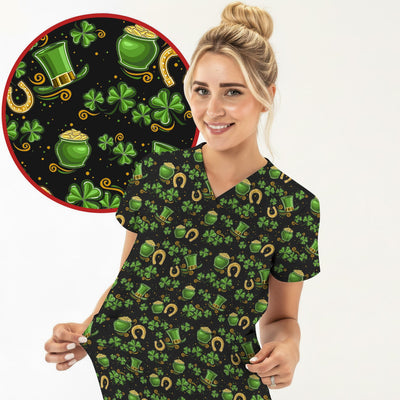 St. Patrick Shamrock Pattern Scrub Top, Comfortable Scrubs for Nurses