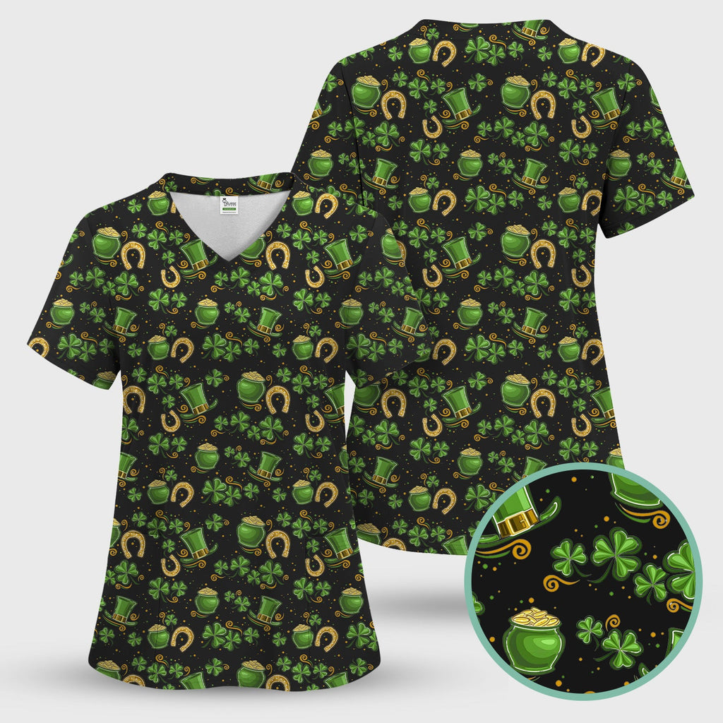 St. Patrick Shamrock Pattern Scrub Top, Comfortable Scrubs for Nurses