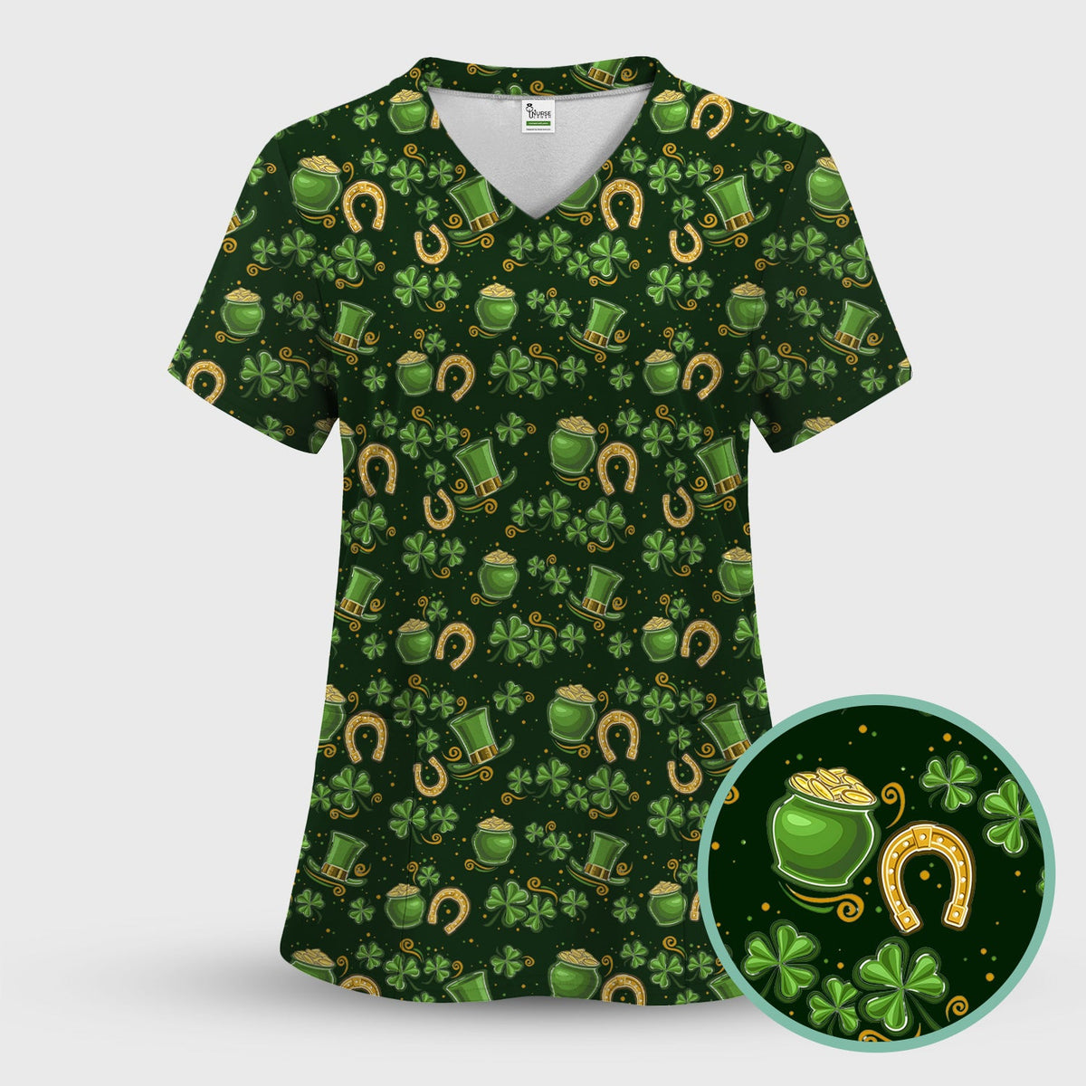 St. Patrick Shamrock Pattern Scrub Top, Comfortable Scrubs for Nurses
