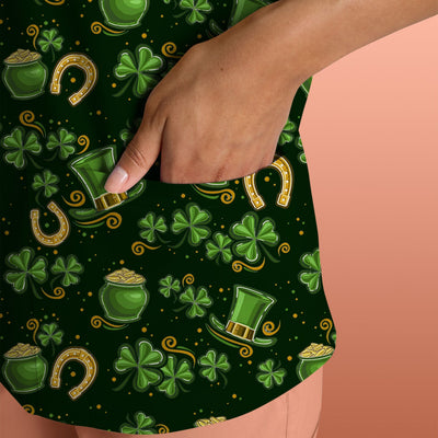 St. Patrick Shamrock Pattern Scrub Top, Comfortable Scrubs for Nurses