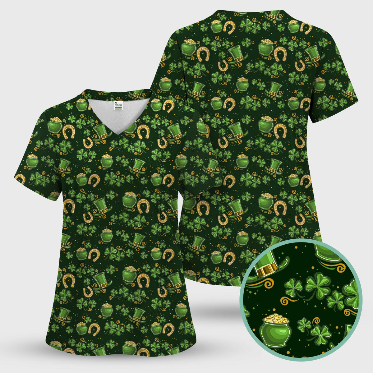 St. Patrick Shamrock Pattern Scrub Top, Comfortable Scrubs for Nurses