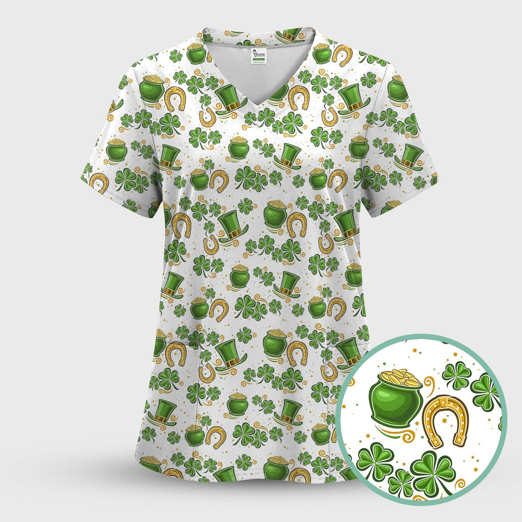 St. Patrick Shamrock Pattern Scrub Top, Comfortable Scrubs for Nurses