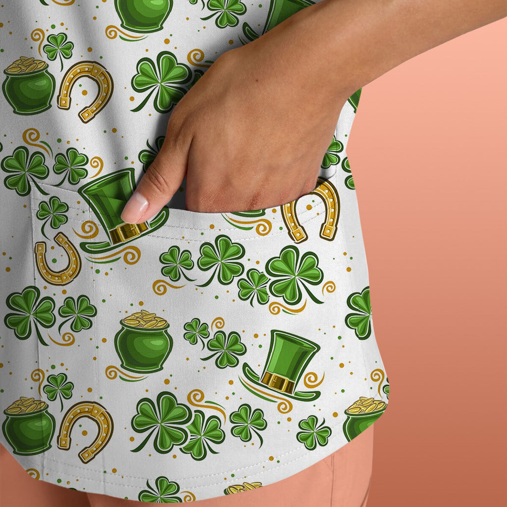 St. Patrick Shamrock Pattern Scrub Top, Comfortable Scrubs for Nurses
