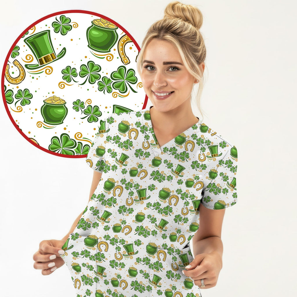 St. Patrick Shamrock Pattern Scrub Top, Comfortable Scrubs for Nurses