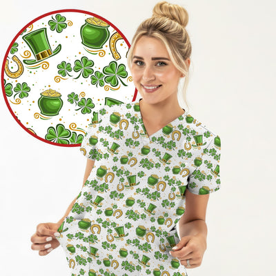 St. Patrick Shamrock Pattern Scrub Top, Comfortable Scrubs for Nurses