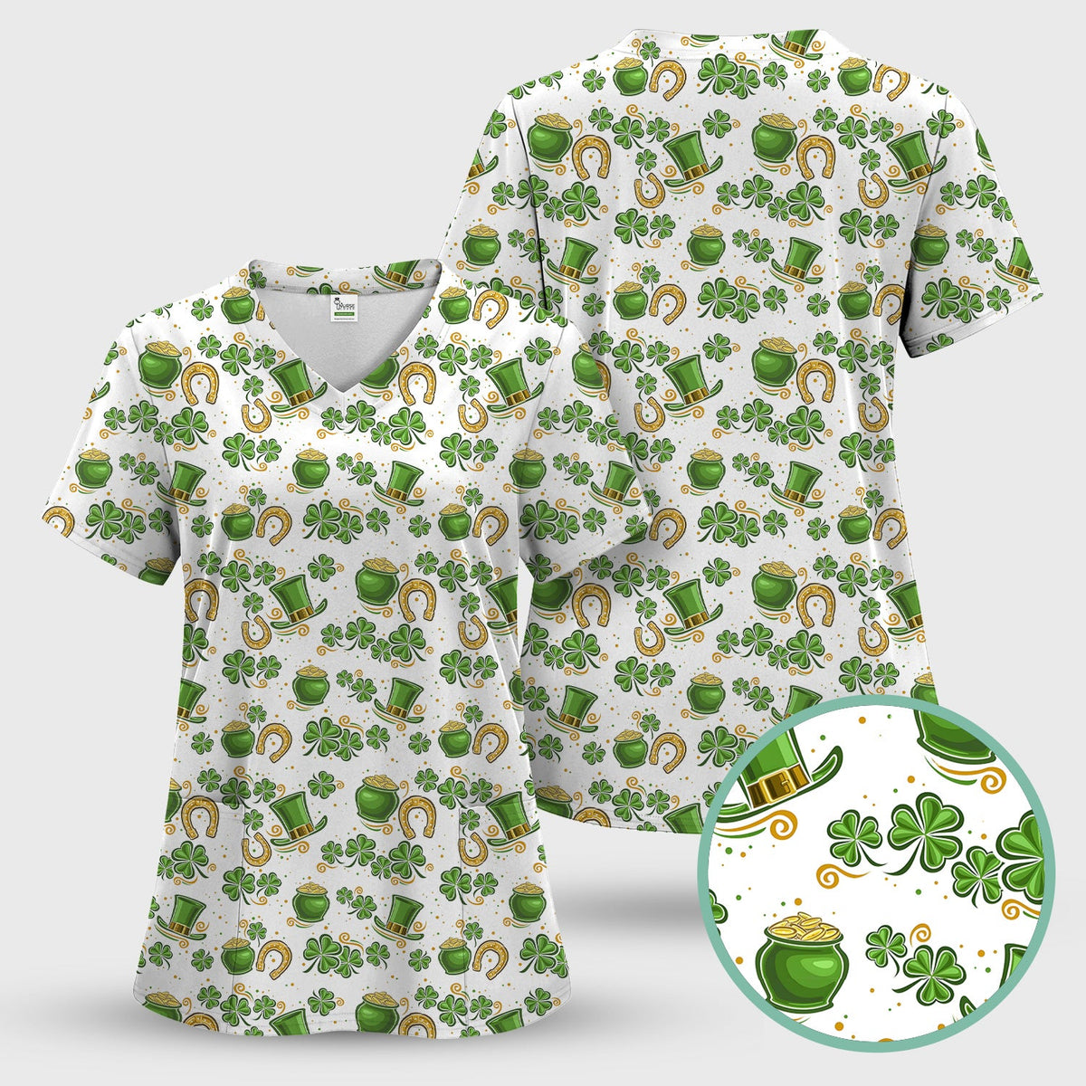 St. Patrick Shamrock Pattern Scrub Top, Comfortable Scrubs for Nurses