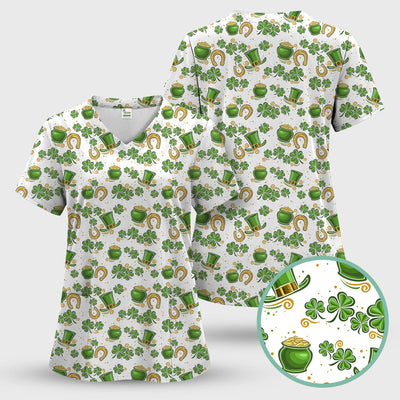 St. Patrick Shamrock Pattern Scrub Top, Comfortable Scrubs for Nurses