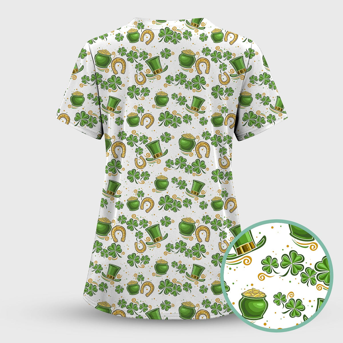 St. Patrick Shamrock Pattern Scrub Top, Comfortable Scrubs for Nurses