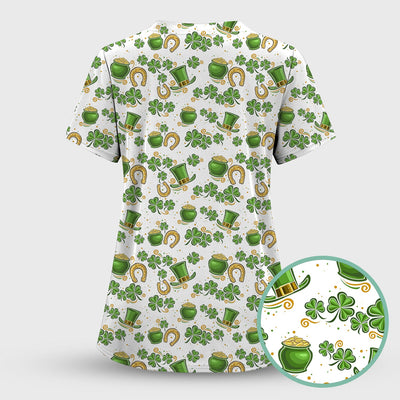 St. Patrick Shamrock Pattern Scrub Top, Comfortable Scrubs for Nurses