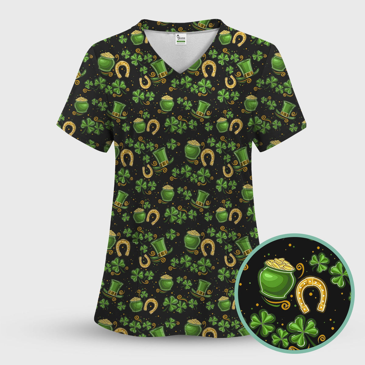 St. Patrick Shamrock Pattern Scrub Top, Comfortable Scrubs for Nurses