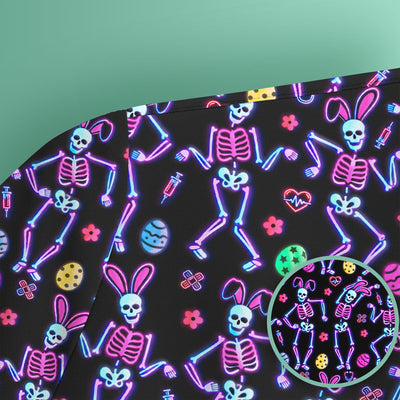 Neon Easter Skeleton Pattern Scrub Top, Comfortable Scrubs for Nurses