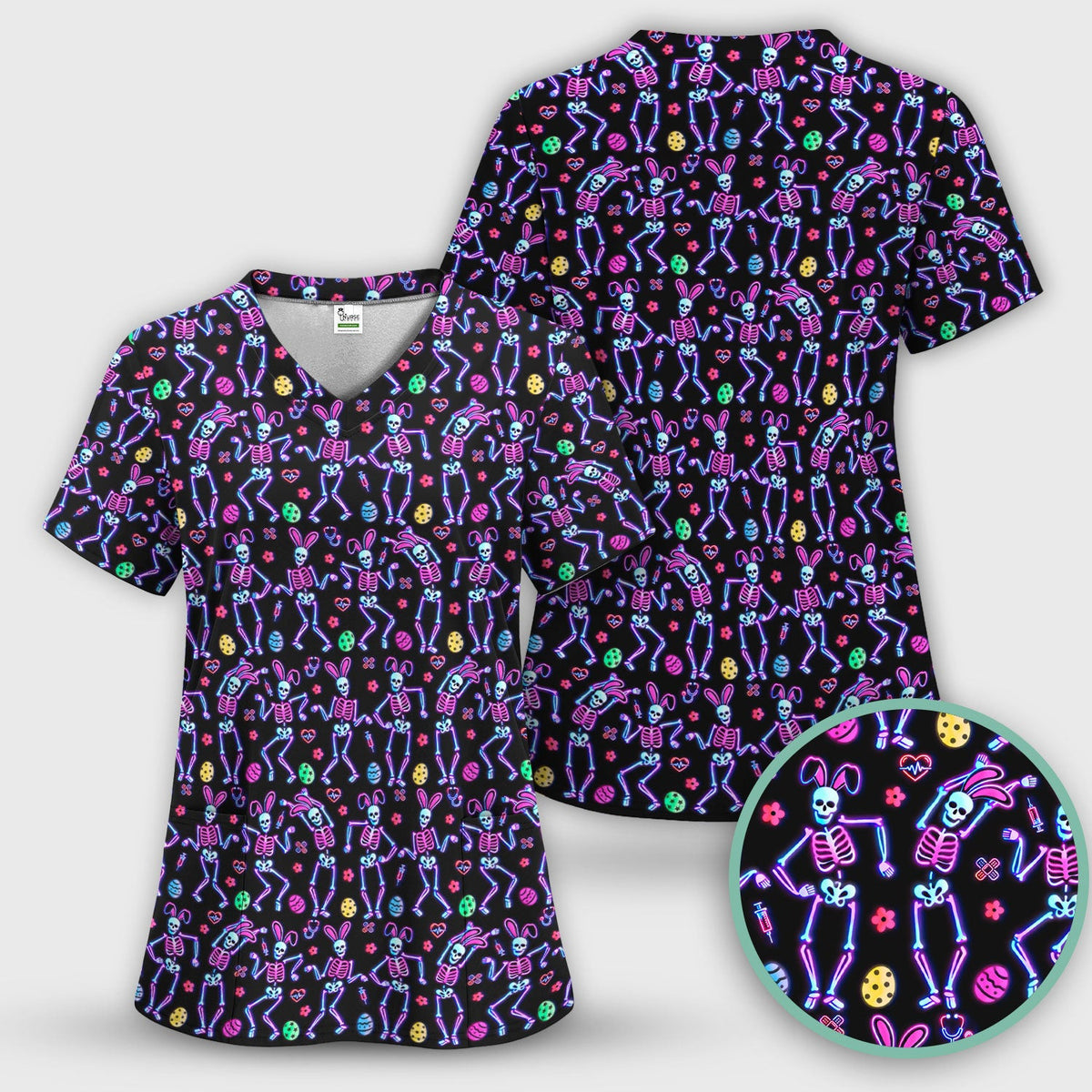 Neon Easter Skeleton Pattern Scrub Top, Comfortable Scrubs for Nurses