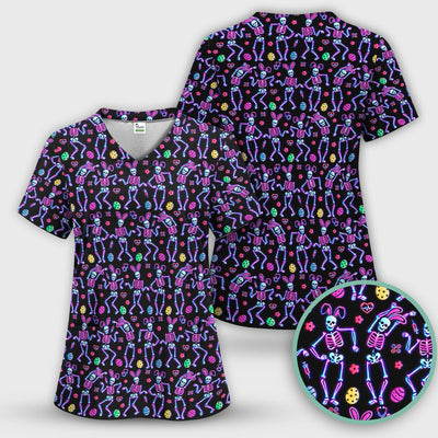 Neon Easter Skeleton Pattern Scrub Top, Comfortable Scrubs for Nurses